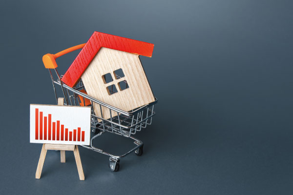 Model house and a cart with graphs - What's ahead for home sales and prices - DG Pinnacle Home Loans - Miami Mortgage Lender